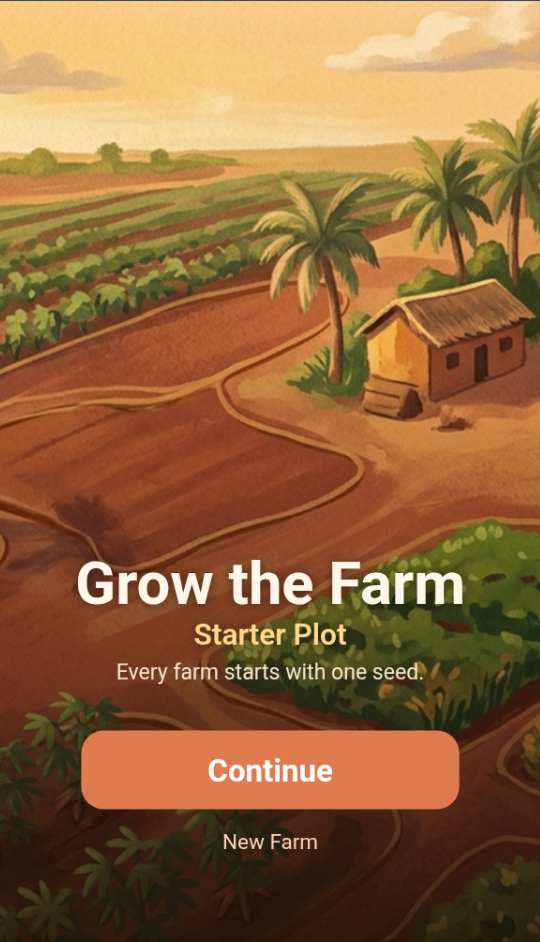 Grow the Farm game start screen showing a farm landscape and a Continue button