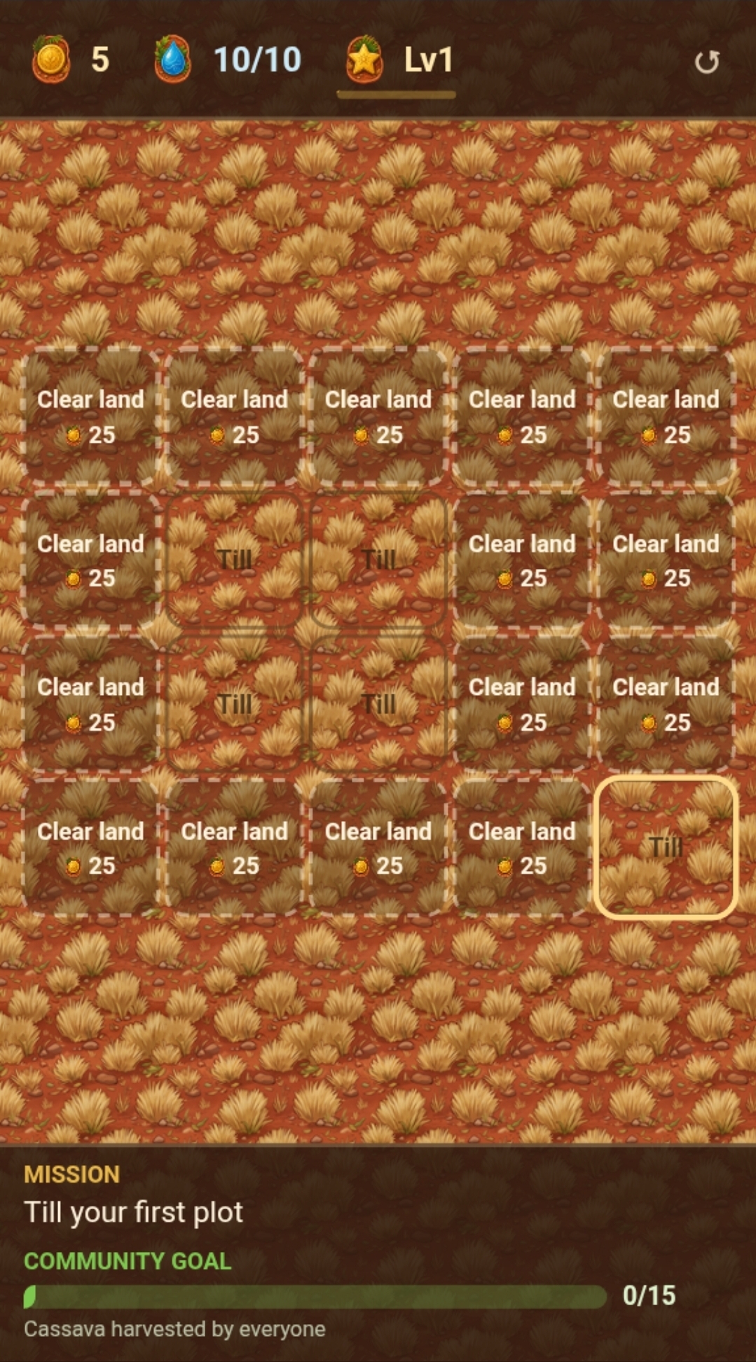 Grow the Farm gameplay screen showing soil plots, crops, and resource counters