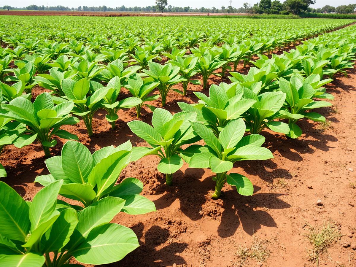 Rows of healthy cassava plants growing in rich soil