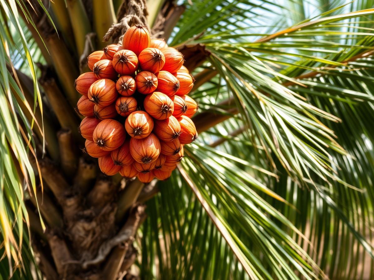 Freshly harvested oil palm fruit bunches on the farm